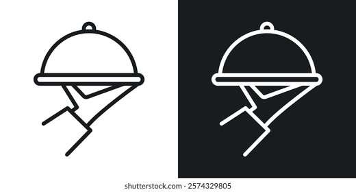 Hand holding tray icons in thin black and white stroke liner style