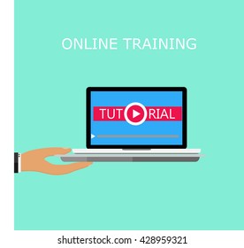Hand holding a tray with a laptop, a tutorial on the screen, vector illustration in flat style, the concept of online learning, video tutorial