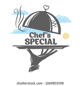 Hand holding a tray with a lid. Chef's special. Vector icon