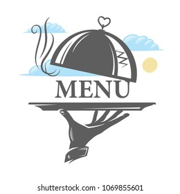 Hand holding a tray with a lid. Menu. Vector icon