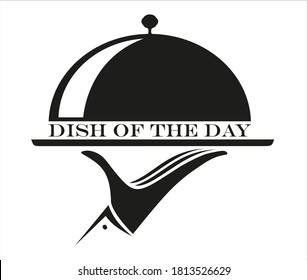 Hand holding a tray with a lid/Dish of the day. Icon for design menu restaurant or cafe. Vector illustration.