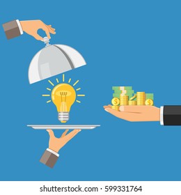 Hand holding tray with light bulb and other hand giving money. crowdfunding, innovation, idea, investments concept. flat style icons. isolated vector illustration