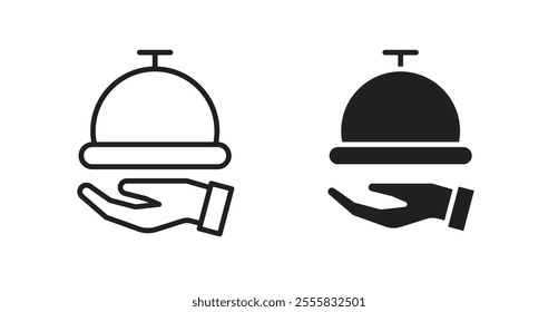 Hand holding tray outlined and solid icon vector collection.