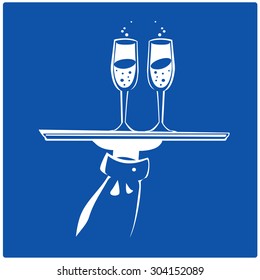 Hand holding tray with  a pair of glasses with wine 