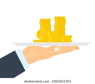 hand holding tray with stack of golden coins; concept of wealth, investment, reward, salary -vector illustration