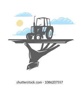 Hand holding a tray with tractor. Vector icon