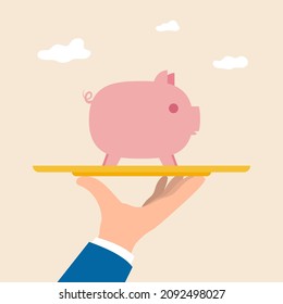Hand holding tray which have piggy bank. Business loan, mutual funds and financial solution concept. Vector illustration.
