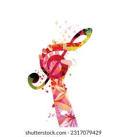 Hand holding treble clef musical note symbol on white background. Music inspired design with abstract G-clef. Live concert event, talent show, music festival, party flyer with colorful clef sign