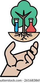 A hand holding a tree with a bottle of blue liquid and a bottle of red liquid. The tree is surrounded by a circle of glassware
