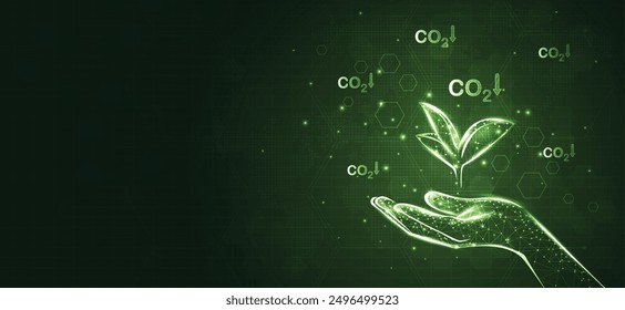 Hand holding with tree for co2, ESG and net zero. energy saving concept. save our planet, world environment day, world earth day. sustainable development and green business. vector.