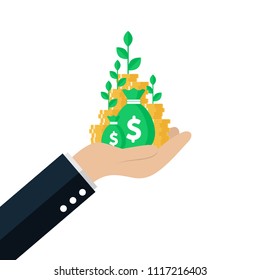 Hand holding tree growing on coins stack with Mutual fund, Income increase, financial strategy performance, interest rate, budget balance, revenue growth, credit money, flat icon, Vector illustration