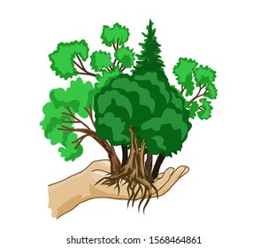 Hand holding tree. Growth concept, Save the world concept. vector illustration.  Image for booklets, banners, flayers, article and social media.