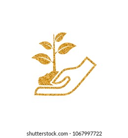 Hand holding tree icon in gold glitter texture. Sparkle luxury style vector illustration.