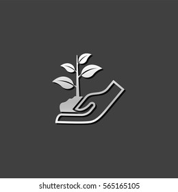 Hand holding tree icon in metallic grey color style. Ecosystem environment conservation