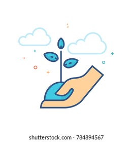 Hand holding tree icon in outlined flat color style. Vector illustration.