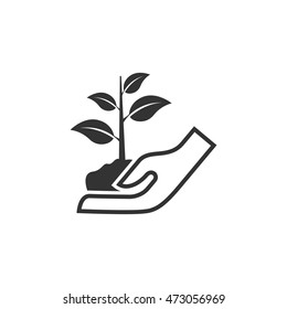 Hand holding tree icon in single color. Ecosystem environment conservation care