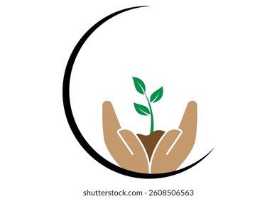 hand holding tree plant silhouette illustration, flat style, hand holding plant icon.