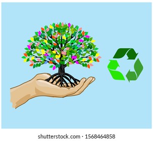 Hand holding tree. reforestation and save the world concept. vector illustration.