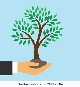 hand holding tress with leaf and soil for ecology concept. vector illustration 