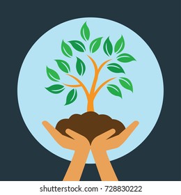 hand holding tress with leaf and soil for ecology concept. vector illustration 