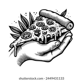 Hand holding a triangle slice of pepperoni pizza. Italian fast food, cut snack pieces. Isolated on white background. Stylized engraved vector illustration.