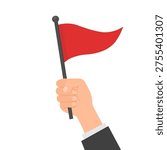 hand holding a triangular red flag. Warning or achievement sign concept
