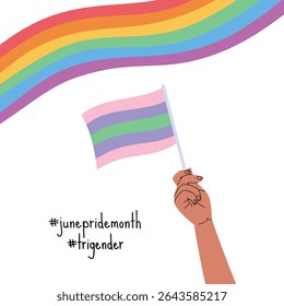 A hand holding trigender pride flag. LGBT pride month square banner. Vector illustration for an annual celebration of gender diversity