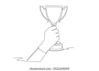 Hand holding trophy. Trophy concept one-line drawing