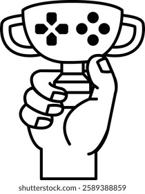 A hand holding a trophy with a controller on top