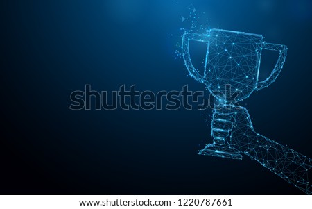 Hand holding trophy cup tophy form lines, triangles and particle style design. Illustration vector