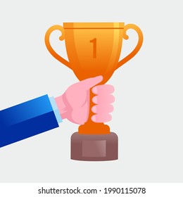 Hand holding trophy. Gold for winner. Achievement trophy. Vector illustration for websites landing page templates
