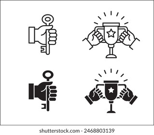 Hand holding trophy icon. Key on hand icon. Business icon. Success, reward, achievement symbol. Vector stock illustration. Isolated on white background. Vector logo design template