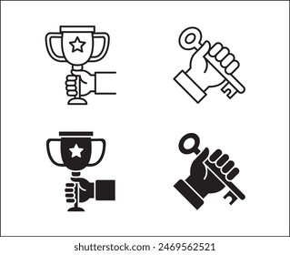 Hand holding trophy icon. Key on hand icon. Business icon. Success, reward, achievement symbol. Vector stock illustration. Isolated on white background. Vector logo design template