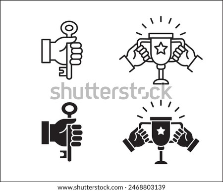 Hand holding trophy icon. Key on hand icon. Business icon. Success, reward, achievement symbol. Vector stock illustration. Isolated on white background. Vector logo design template