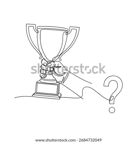 Hand Holding a Trophy with a Question Mark Continuous One Line Drawing Vector. Competition Quiz Vector Concept.
