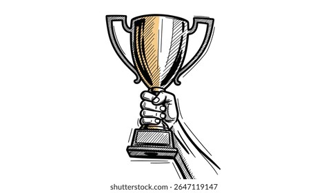 Mão segurando um troféu simbolizando a vitória de sucesso e vencedora celebração conceito projeto