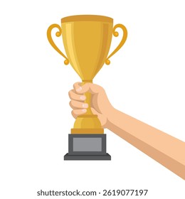 hand holding trophy vector illustration win flat design