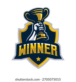 Hand holding trophy winner logo for a sports champion league