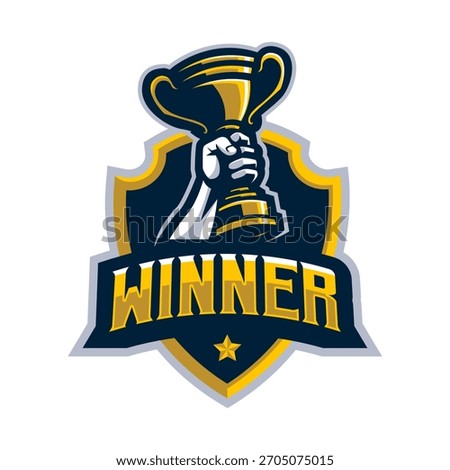 Hand holding trophy winner logo for a sports champion league