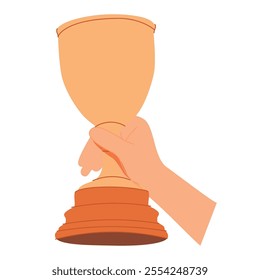 Hand holding trophy, winners cup icon. Leaders arm with gold goblet, award for 1 place. Best prize, reward for champion. Triumph, success concept. Flat vector illustration isolated on white background