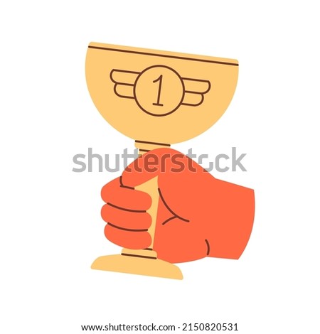 Hand holding trophy, winners cup icon. Leaders arm with gold goblet, award for 1 place. Best prize, reward for champion. Triumph, success concept. Flat vector illustration isolated on white background