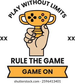 A hand holding a trophy with the words "Play Without Limits" written on it. Concept of overcoming limitations and achieving success in the game