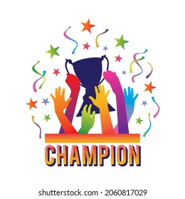 Hand Holding up Trophy.Champion Illustration.Gradient Color Trend.Banner.Poster.Flyer.Vector design.