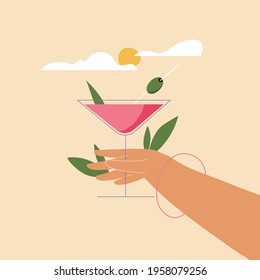 Hand Holding Tropical Summer Cocktail, Drink In Martini Glass. Vector Illustration