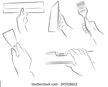 Hand Holding A Trowel, Grout, Brush, Building Level