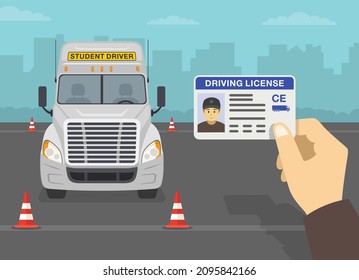 Hand holding a truck driver license identification. Heavy american vehicle with "student driver" plate on a roof. Flat vector illustration template.