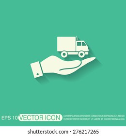 hand holding a Truck. Logistic icon. Transportation symbol. symbol icon laden truck. carriage of the goods or things