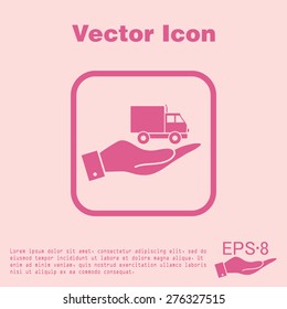 hand holding a Truck. Logistic icon. Transportation symbol. symbol icon laden truck. carriage of the goods or things