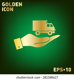 hand holding a Truck. Logistic icon. Transportation symbol. symbol icon laden truck. carriage of the goods or things