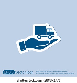 hand holding a Truck. Logistic icon. Transportation symbol. symbol icon laden truck. carriage of the goods or things